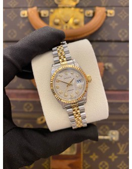 (LIKE NEW) ROLEX LADY DATEJUST HALF 18K 750 YELLOW GOLD REF 79173 WHITE CHAMPAGNE COMPUTER DIAMOND DIAL 26MM AUTOMATIC WATCH -FULL SET-