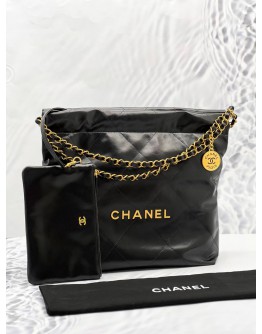 (LIKE NEW) 2024 MICROCHIP CHANEL 22 MEDIUM BLACK CALFSKIN LEATHER TOTE SHOULDER CHAIN BAG 