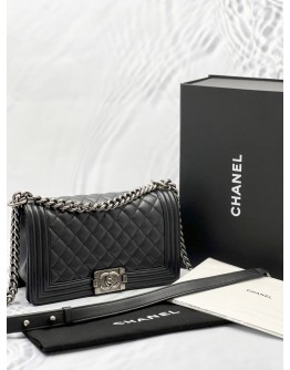 2023 MICROCHIP CHANEL MEDIUM LE-BOY IN DARK GREY LAMBSKIN LEATHER WITH SILVER HARDWARE -FULL SET- 