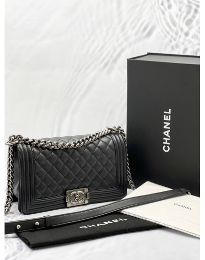 2023 MICROCHIP CHANEL MEDIUM LE-BOY IN DARK GREY LAMBSKIN LEATHER WITH SILVER HARDWARE -FULL SET- 