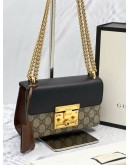 (LIKE NEW) GUCCI SMALL PADLOCK GG SUPREME CANVAS & BLACK LEATHER GOLD CHAIN SHOULDER BAG -FULL SET- 