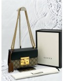 (LIKE NEW) GUCCI SMALL PADLOCK GG SUPREME CANVAS & BLACK LEATHER GOLD CHAIN SHOULDER BAG -FULL SET- 