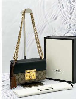 (LIKE NEW) GUCCI SMALL PADLOCK GG SUPREME CANVAS & BLACK LEATHER GOLD CHAIN SHOULDER BAG -FULL SET- 