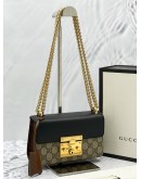 (LIKE NEW) GUCCI SMALL PADLOCK GG SUPREME CANVAS & BLACK LEATHER GOLD CHAIN SHOULDER BAG -FULL SET- 