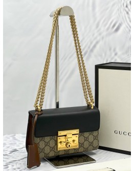 (LIKE NEW) GUCCI SMALL PADLOCK GG SUPREME CANVAS & BLACK LEATHER GOLD CHAIN SHOULDER BAG -FULL SET- 