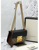(LIKE NEW) GUCCI SMALL PADLOCK GG SUPREME CANVAS & BLACK LEATHER GOLD CHAIN SHOULDER BAG -FULL SET- 