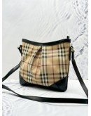 (RAYA SALE) BURBERRY HAYMARKET FLAT CROSSBODY BAG IN BEIGE CANVAS AND DARK BROWN CALFSKIN LEATHER