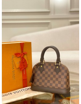 (UNUSED) 2024 MICROCHIP LOUIS VUITTON ALMA BB SMALL HANDLE BAG BROWN DAMIER EBENE CANVAS WITH ADJUSTABLE LEATHER STRAP - FULL SET -