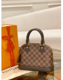 (UNUSED) 2024 MICROCHIP LOUIS VUITTON ALMA BB SMALL HANDLE BAG BROWN DAMIER EBENE CANVAS WITH ADJUSTABLE LEATHER STRAP - FULL SET -