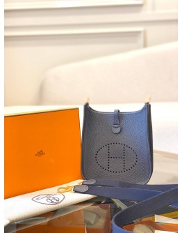 (UNUSED) YEAR 2021 HERMES MINI EVELYNE TPM BLUE NUIT/ BLUE INDIGO CLEMENCE TOGO LEATHER  WITH GOLD HARDWARE SHOULDER BAG STAMP Z -FULL SET-
