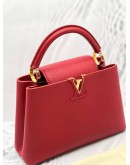 (LIKE NEW) 2023 MICROCHIP LOUIS VUITTON CAPUCINES BB RED TAURILLON LEATHER TOP HANDLE BAG WITH LEATHER STRAP 