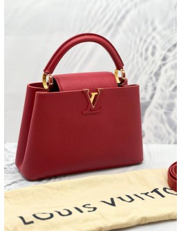 (LIKE NEW) 2023 MICROCHIP LOUIS VUITTON CAPUCINES BB RED TAURILLON LEATHER TOP HANDLE BAG WITH LEATHER STRAP 