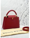 (LIKE NEW) 2023 MICROCHIP LOUIS VUITTON CAPUCINES BB RED TAURILLON LEATHER TOP HANDLE BAG WITH LEATHER STRAP 