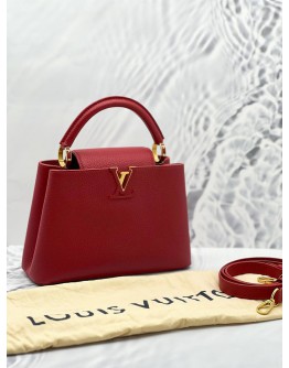 (LIKE NEW) 2023 MICROCHIP LOUIS VUITTON CAPUCINES BB RED TAURILLON LEATHER TOP HANDLE BAG WITH LEATHER STRAP 