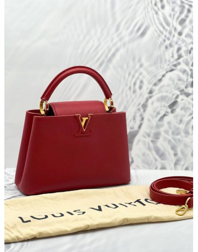 (LIKE NEW) 2023 MICROCHIP LOUIS VUITTON CAPUCINES BB RED TAURILLON LEATHER TOP HANDLE BAG WITH LEATHER STRAP 
