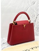 (LIKE NEW) 2023 MICROCHIP LOUIS VUITTON CAPUCINES BB RED TAURILLON LEATHER TOP HANDLE BAG WITH LEATHER STRAP 