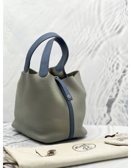 YEAR 2016 HERMES PICOTIN LOCK 22 GRIS MOUETTE & BLEU AGATE TAURILLON LEATHER & PALLADIUM HARDWARE