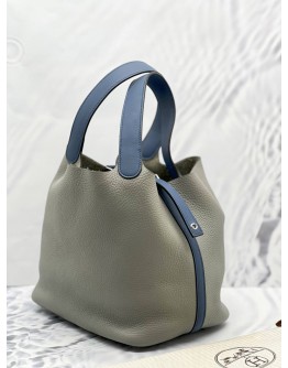 YEAR 2016 HERMES PICOTIN LOCK 22 GRIS MOUETTE & BLEU AGATE TAURILLON LEATHER & PALLADIUM HARDWARE