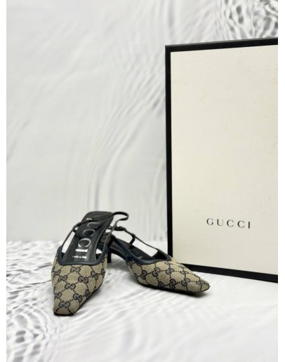 GUCCI GG SLINGBACK MID-HEEL IN BLUE BEIGE CANVAS AND CALFSKIN LEATHER SIZE 37 1/2