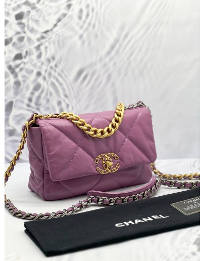 (LIKE NEW) 2020 CHANEL 19 SMALL PURPLE LAMBSKIN CC LOGO FLAP CROSSBODY BAG WITH 3 TONE HARDWARE