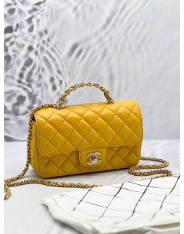 (LIKE NEW) MICROCHIP CHANEL RHINESTONE HANDLE GOLD CC LOGO YELLOW FLAP BAG 