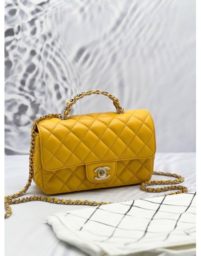 (LIKE NEW) MICROCHIP CHANEL RHINESTONE HANDLE GOLD CC LOGO YELLOW FLAP BAG 