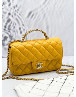 (LIKE NEW) MICROCHIP CHANEL RHINESTONE HANDLE GOLD CC LOGO YELLOW FLAP BAG 