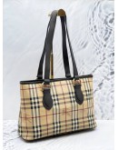 (RAYA SALE) BURBERRY HAYMARKET SHOULDER BAG IN BEIGE CANVAS AND DARK BROWN CALFSKIN LEATHER 