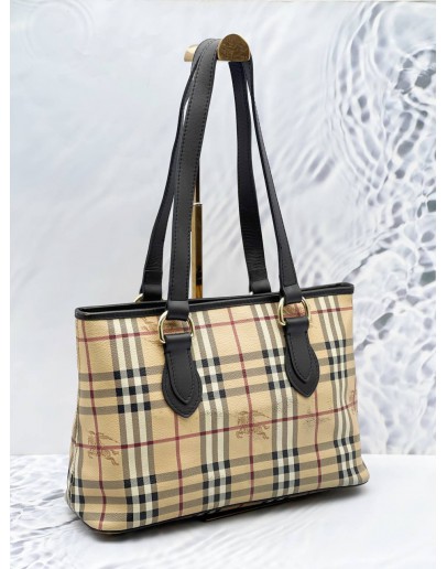 (RAYA SALE) BURBERRY HAYMARKET SHOULDER BAG IN BEIGE CANVAS AND DARK BROWN CALFSKIN LEATHER 