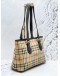 (RAYA SALE) BURBERRY HAYMARKET SHOULDER BAG IN BEIGE CANVAS AND DARK BROWN CALFSKIN LEATHER 