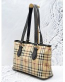 (RAYA SALE) BURBERRY HAYMARKET SHOULDER BAG IN BEIGE CANVAS AND DARK BROWN CALFSKIN LEATHER 