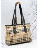 (RAYA SALE) BURBERRY HAYMARKET SHOULDER BAG IN BEIGE CANVAS AND DARK BROWN CALFSKIN LEATHER 