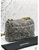 (LIKE NEW) MICROCHIP CHANEL 19 TWEED QUILTED CC LOGO FLAP CROSSBODY BAG WITH 3 TONE HARDWARE