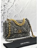 (LIKE NEW) MICROCHIP CHANEL 19 TWEED QUILTED CC LOGO FLAP CROSSBODY BAG WITH 3 TONE HARDWARE