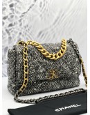(LIKE NEW) MICROCHIP CHANEL 19 TWEED QUILTED CC LOGO FLAP CROSSBODY BAG WITH 3 TONE HARDWARE