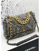 (LIKE NEW) MICROCHIP CHANEL 19 TWEED QUILTED CC LOGO FLAP CROSSBODY BAG WITH 3 TONE HARDWARE