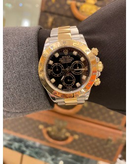 2015 ROLEX DAYTONA REF 116523 BLACK DIAMOND DIAL HALF 18K 750 YELLOW GOLD 40MM AUTOMATIC WATCH  FULL SET
