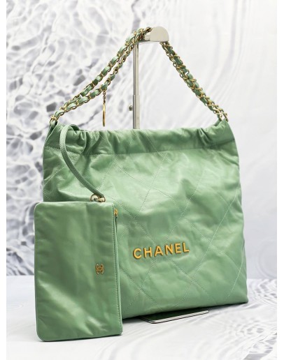 (LIKE NEW) 2024 MICROCHIP CHANEL 22 MEDIUM CALFSKIN LEATHER TOTE SHOULDER CHAIN BAG 