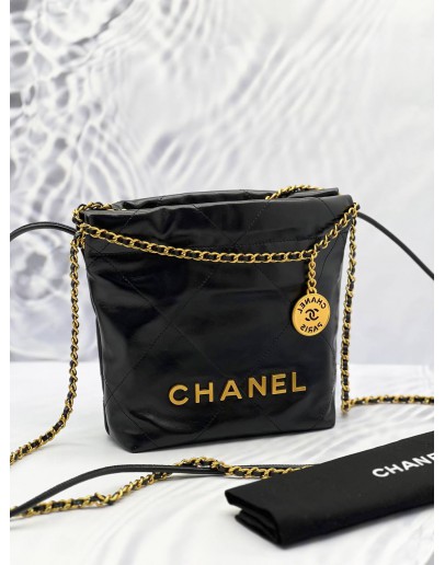 (LIKE NEW) 2024 MICROCHIP CHANEL 22 MINI BLACK CALFSKIN LEATHER TOTE SHOULDER CHAIN BAG 