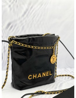 (LIKE NEW) 2024 MICROCHIP CHANEL 22 MINI BLACK CALFSKIN LEATHER TOTE SHOULDER CHAIN BAG 