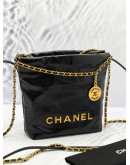 (LIKE NEW) 2024 MICROCHIP CHANEL 22 MINI BLACK CALFSKIN LEATHER TOTE SHOULDER CHAIN BAG 