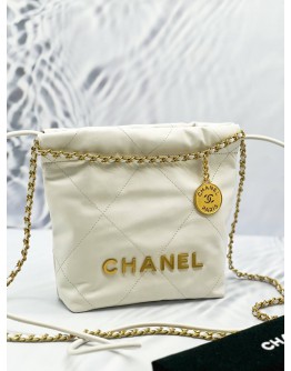 (LIKE NEW)2024 MICROCHIP CHANEL 22 MINI WHITE CALFSKIN LEATHER TOTE SHOULDER CHAIN BAG 