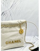 (LIKE NEW)2024 MICROCHIP CHANEL 22 MINI WHITE CALFSKIN LEATHER TOTE SHOULDER CHAIN BAG 