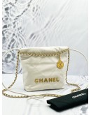 (LIKE NEW)2024 MICROCHIP CHANEL 22 MINI WHITE CALFSKIN LEATHER TOTE SHOULDER CHAIN BAG 