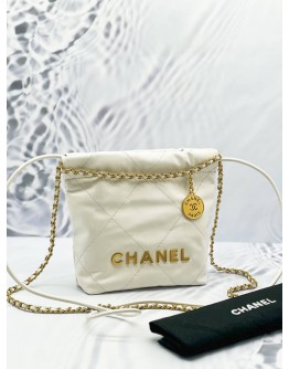 (LIKE NEW)2024 MICROCHIP CHANEL 22 MINI WHITE CALFSKIN LEATHER TOTE SHOULDER CHAIN BAG 
