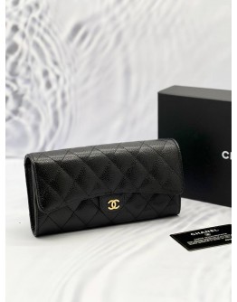 (LIKE NEW) CHANEL FLAP LONG WALLET BLACK CAVIAR LEATHER WITH GOLD HARDWARE 