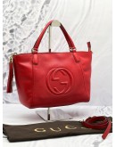 (LIKE NEW) GUCCI SOHO TOP HANDLE BAG WITH STRAP IN RED PEBBLED LEATHER