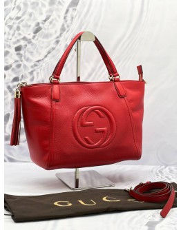 (LIKE NEW) GUCCI SOHO TOP HANDLE BAG WITH STRAP IN RED PEBBLED LEATHER