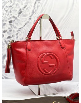 (LIKE NEW) GUCCI SOHO TOP HANDLE BAG WITH STRAP IN RED PEBBLED LEATHER
