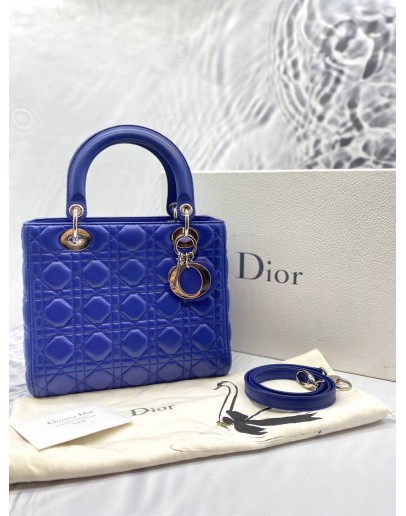 CHRISTIAN DIOR LADY DIOR MEDIUM TOP HANDLE BAG IN BLUE -FULL SET-